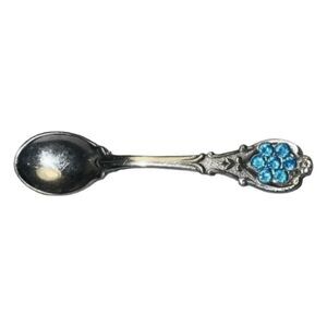 Vintage Miniature Spoon Brooch Silver Tone Metal Blue Rhinestone Crystal Pin